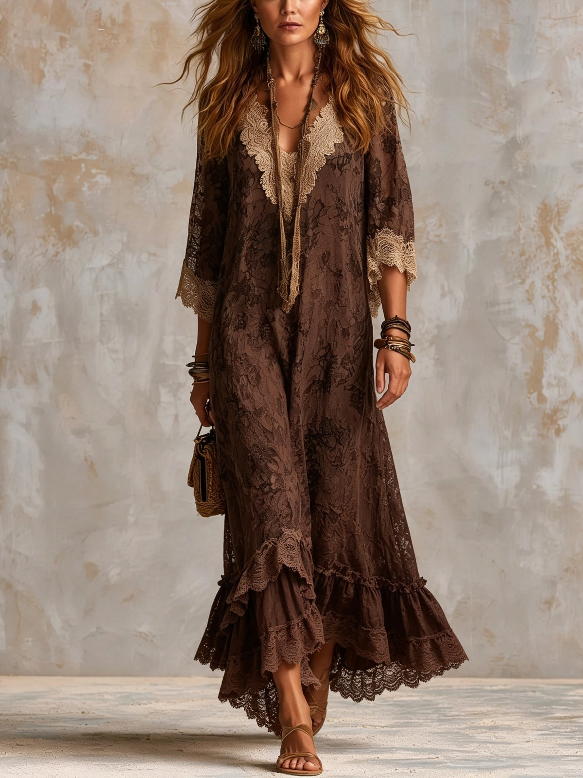 Maxikleid für Damen im Boho-Stil mit Blumenmuster, Spitze und Volants