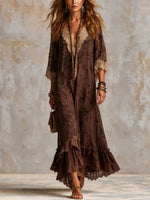 Maxikleid für Damen im Boho-Stil mit Blumenmuster, Spitze und Volants
