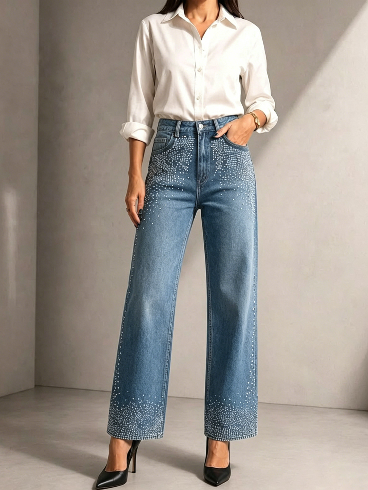 Locker sitzende, gerade geschnittene Stretch-Denim-Hose mit Strassverzierung