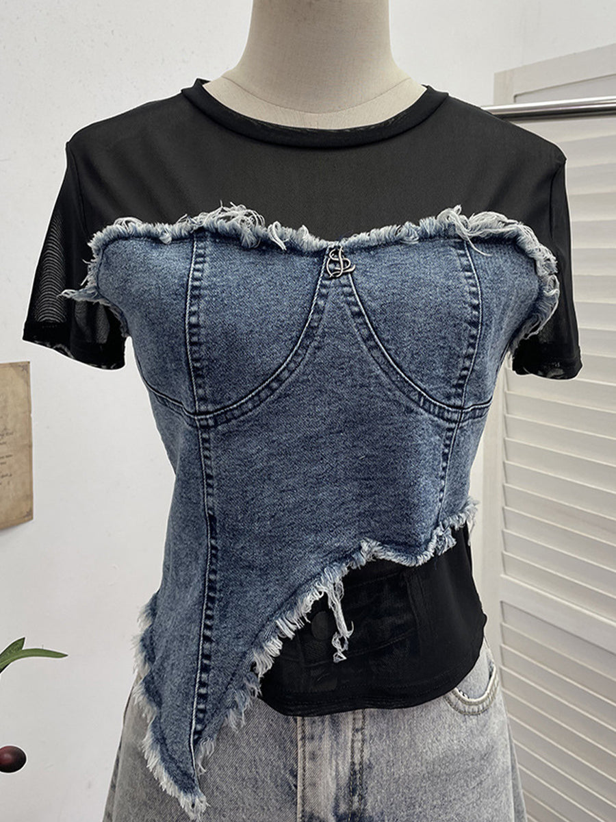 Stylisches lässiges Denim-Oberteil mit elastischen Mesh-Einsätzen