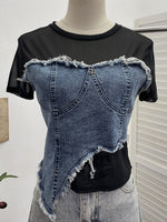 Stylisches lässiges Denim-Oberteil mit elastischen Mesh-Einsätzen