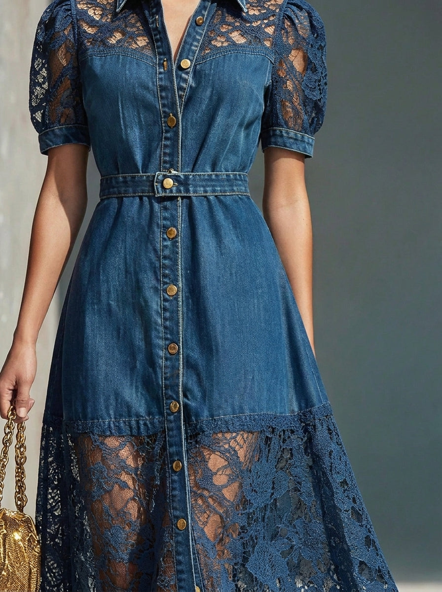 Maxikleid aus Denim mit Spitzen-Einsätzen, Puffärmeln und Gürtel für Damen