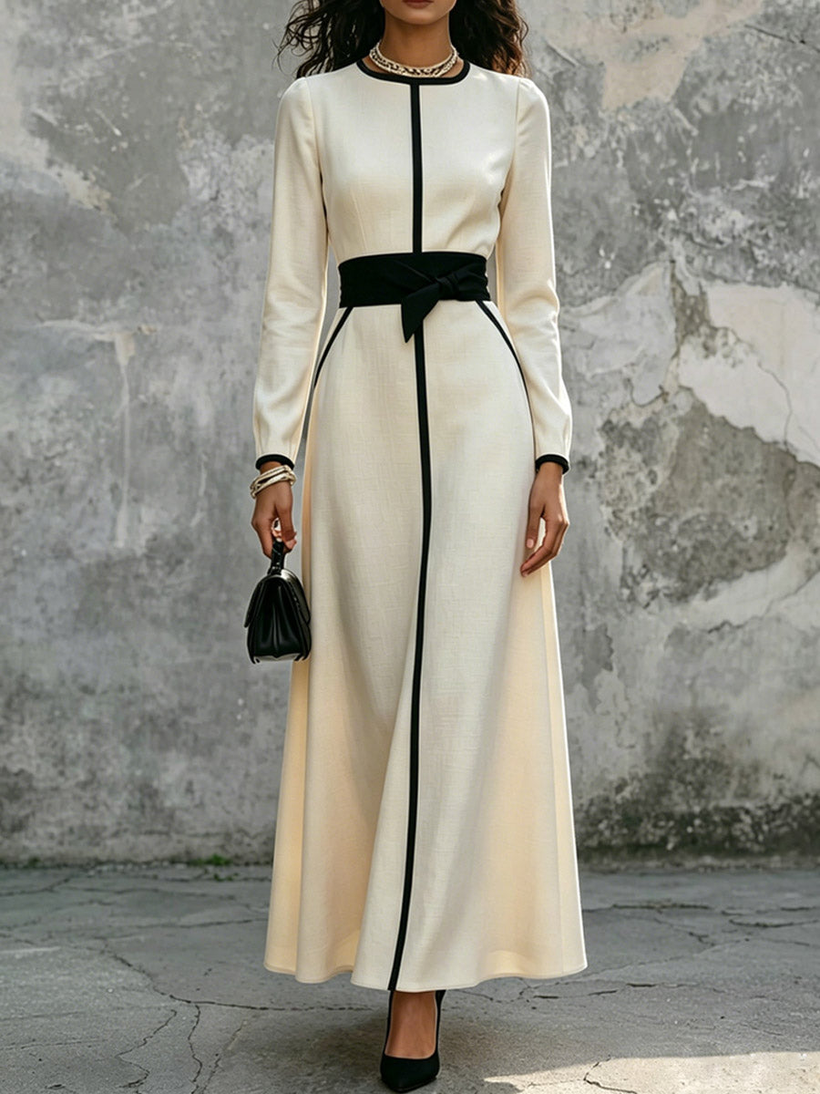 Elegantes Damen-Maxikleid mit kontrastierendem Besatz, lässig und stilvoll, mit langen Ärmeln