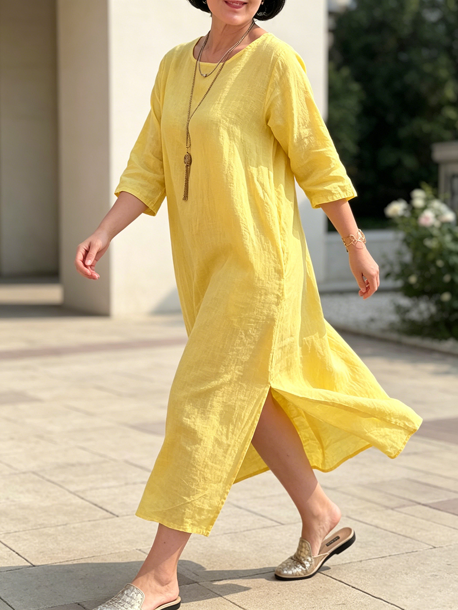 Sonnengelbes Kleid aus Baumwoll-Leinen mit seitlichen Schlitzen