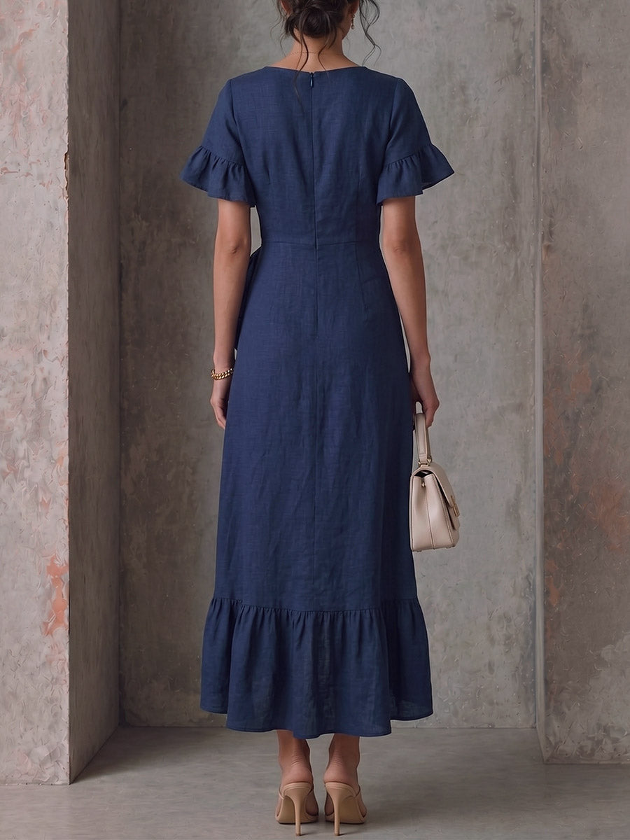 Vestido casual solto de algodão e linho para mulher, de cor sólida, com decote em V, mangas curtas e folhos.