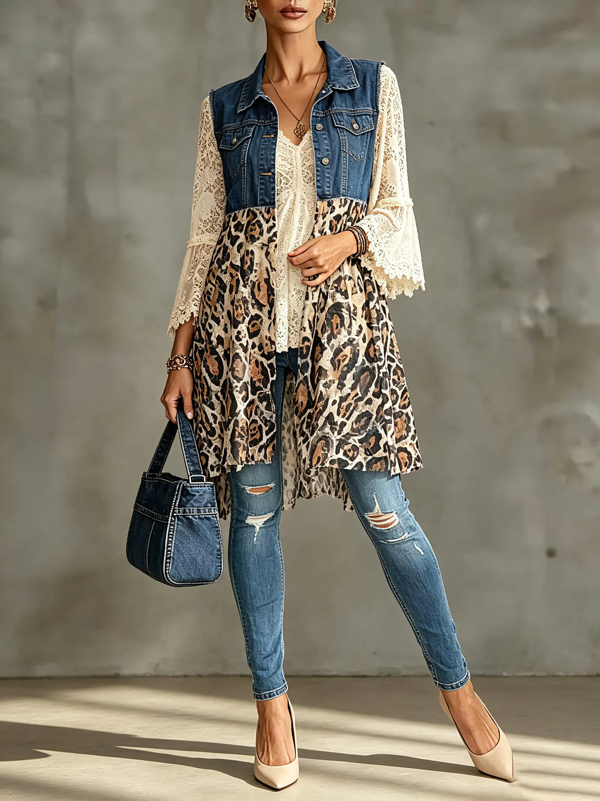 Chaleco largo de mezclilla para mujer con encaje y estampado de leopardo combinado