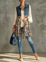 Chaleco largo de mezclilla para mujer con encaje y estampado de leopardo combinado