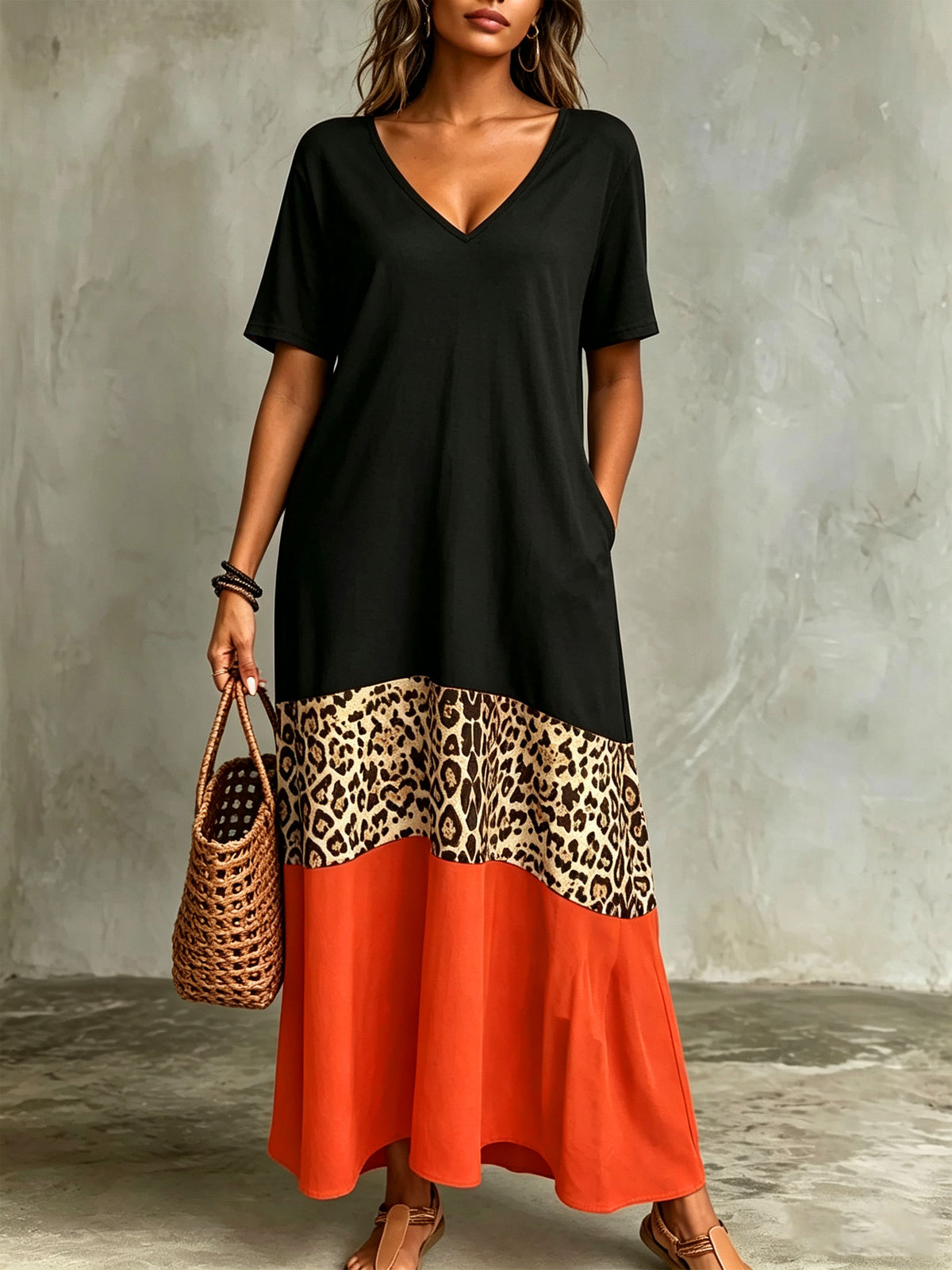 Vestido maxi para mujer con escote en V, bloque de color, estampado de leopardo y parches, con bolsillos