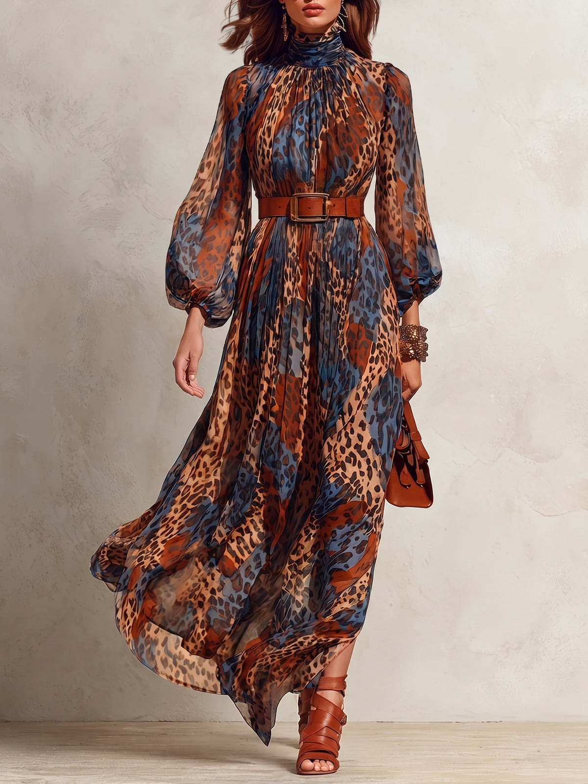 Elegantes Maxikleid aus Chiffon mit Leopardenmuster