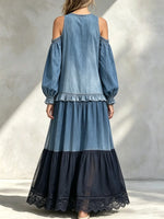 Damen Maxikleid mit Farbverlauf, Denim, einfarbig, Neckholder, schulterfrei und gestuft