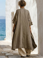 Set tre pezzi casual bohemien in lino e cotone con cardigan lungo, top senza maniche e pantaloni