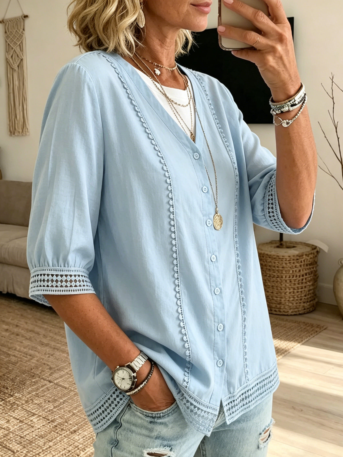 Cardigan da donna casual con maniche a tre quarti, scollo a V, in cotone e lino con pizzo