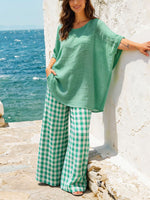 Conjunto de dos piezas para mujer: blusa texturizada de algodón y lino y pantalones anchos de cuadros vichy