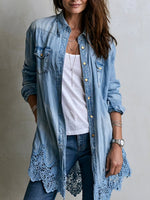 Damen Denim-Hemd mit langer Schnittführung und Spitzenbesatz
