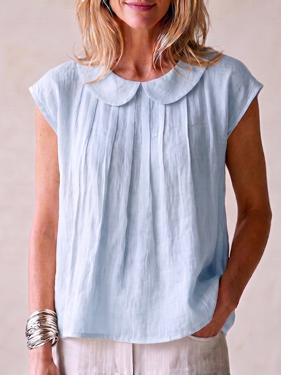 Camicia classica elegante in cotone-lino plissettata con colletto Peter Pan