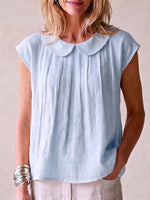Camicia classica elegante in cotone-lino plissettata con colletto Peter Pan