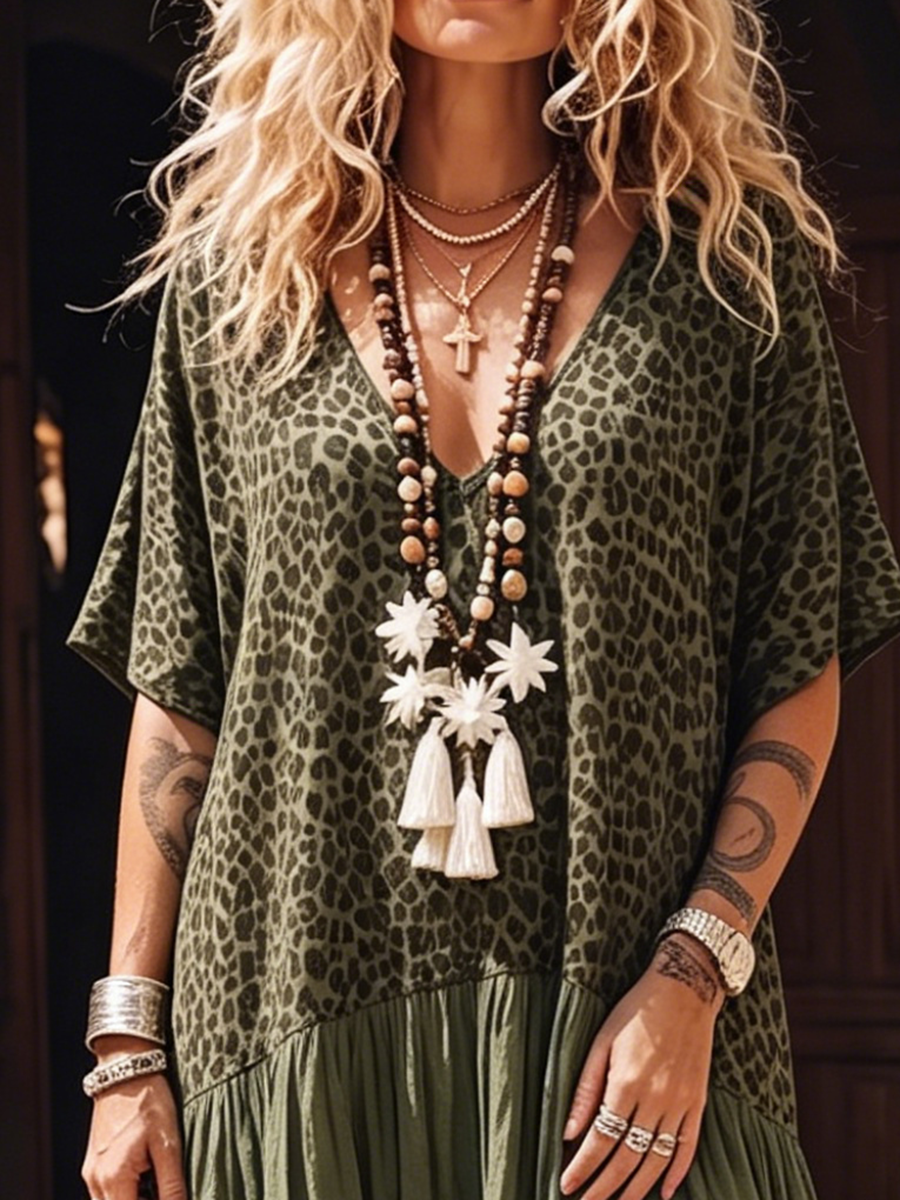 Vestito casual in chiffon e cotone con stampa leopardata a pannelli