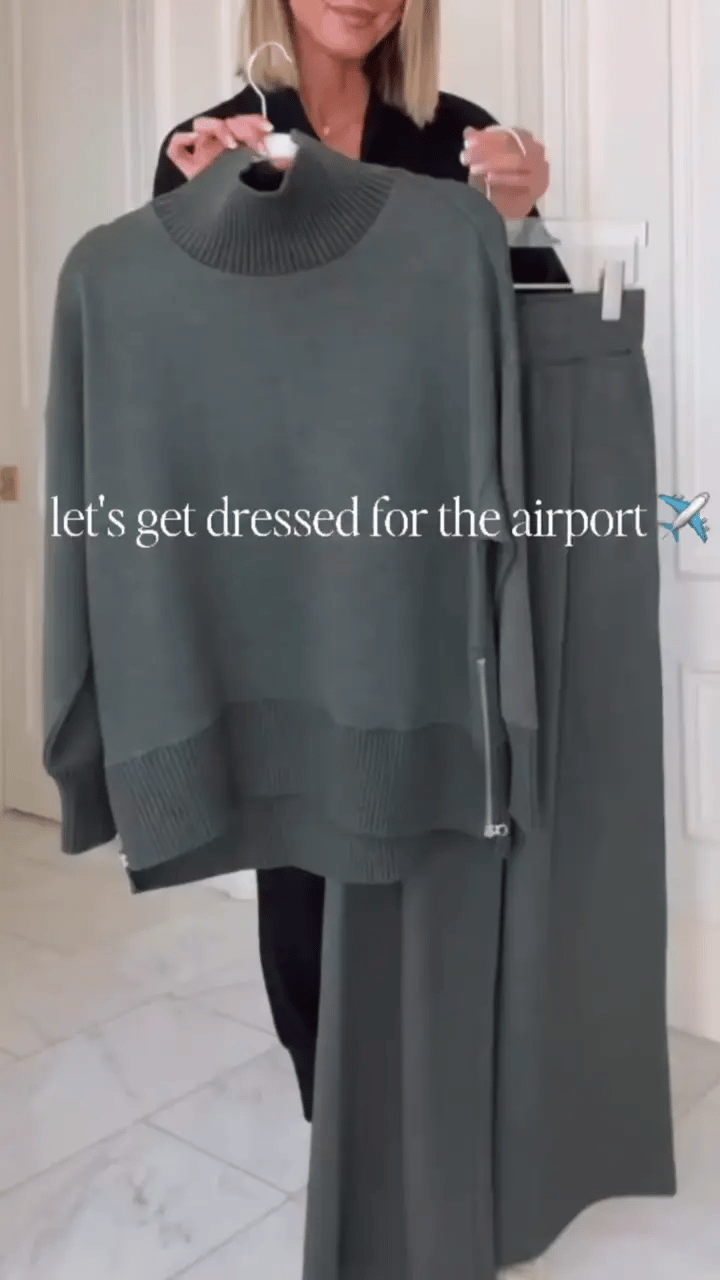 Completo due pezzi casual da viaggio con top a collo alto e cerniera laterale e pantaloni dritti