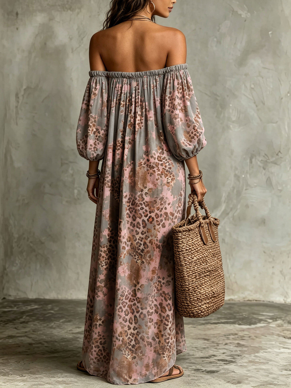 Damen Maxikleid mit schulterfreiem Schnitt, Puffärmeln, rosa Leopardenmuster und Taschen