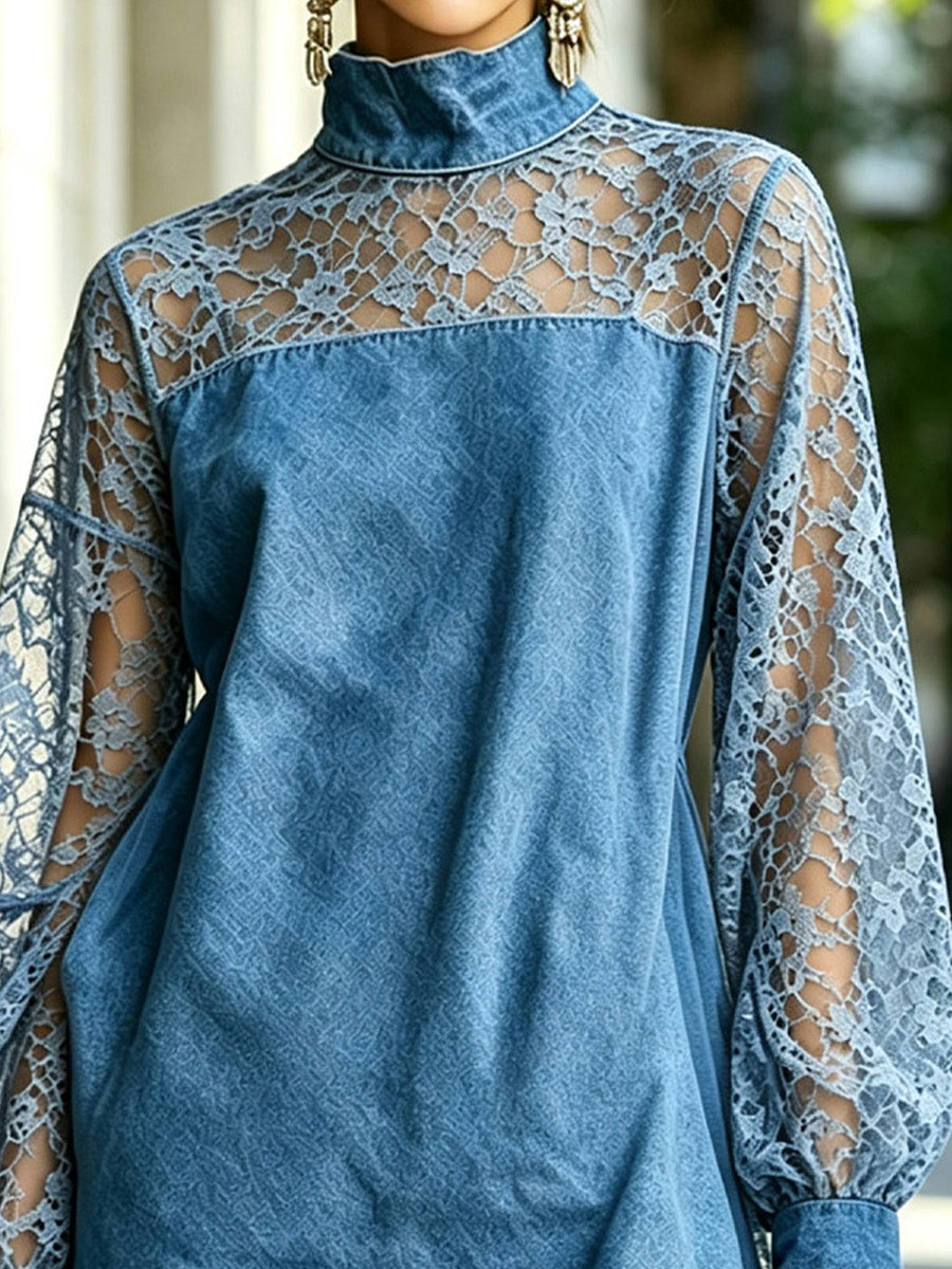 Jeans- und Spitzen-Patchwork, locker, kunstvoll, lässig, stilvoll, langärmliges kurzes Kleid