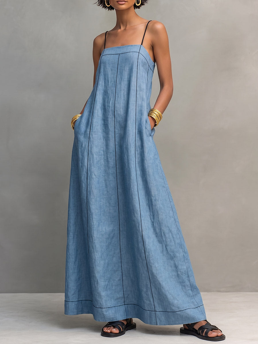 Damen Minimalistisches Trägerkleid aus Baumwoll-Leinen mit A-Linien-Schnitt und trägerlosem Oberteil