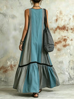 Damen Maxikleid mit Kontrastfarben, einfarbigem Streifenmuster, Patchwork, quadratischem Ausschnitt und ärmellos