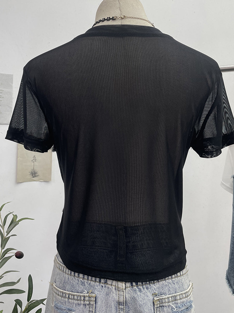 Stylisches lässiges Denim-Oberteil mit elastischen Mesh-Einsätzen