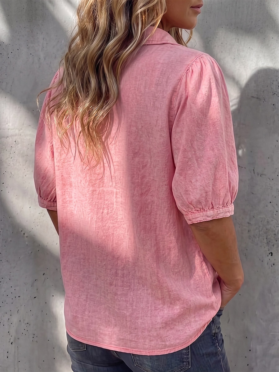 Vintage elegant skjorta i denim med lapptäcksmönster, veck och knappar