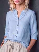 Women's Solid Color V-neck 3/4 Sleeve Casual Loose Cotton-linen Shirt