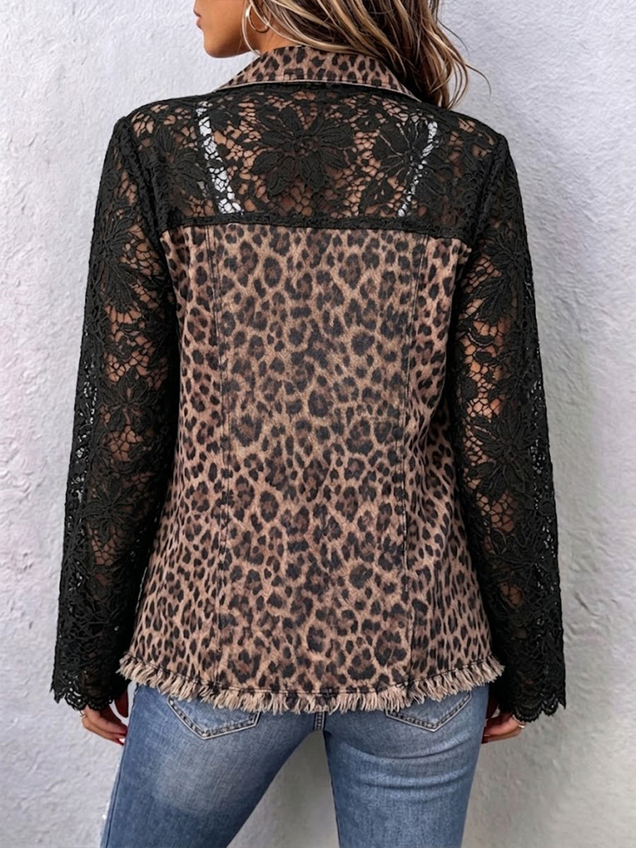 Casual denimjakke med leopardmønster og blonderpaneler