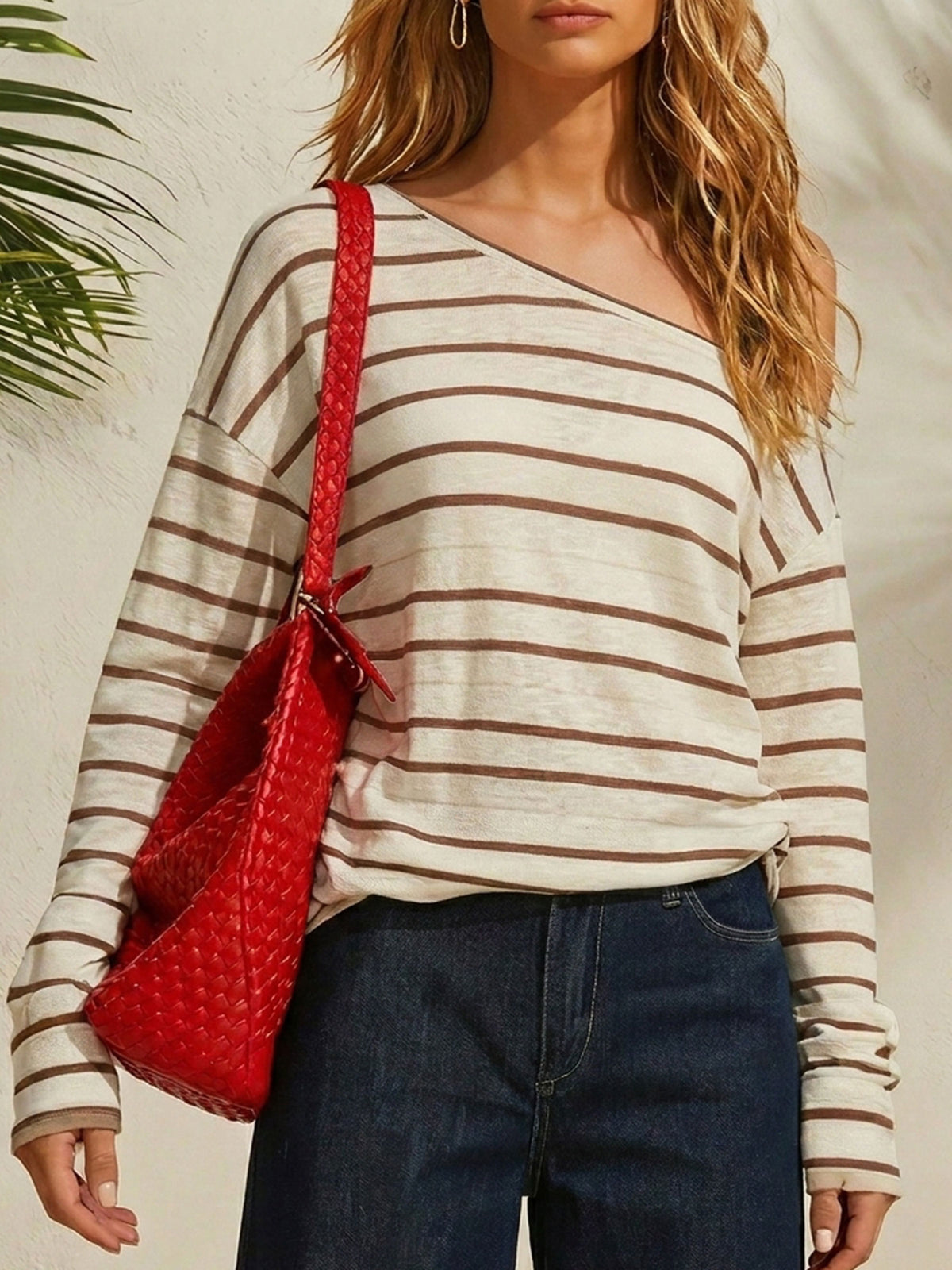 Top da donna a righe con spalle scoperte, maniche lunghe larghe in cotone e lino