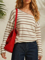 Top da donna a righe con spalle scoperte, maniche lunghe larghe in cotone e lino