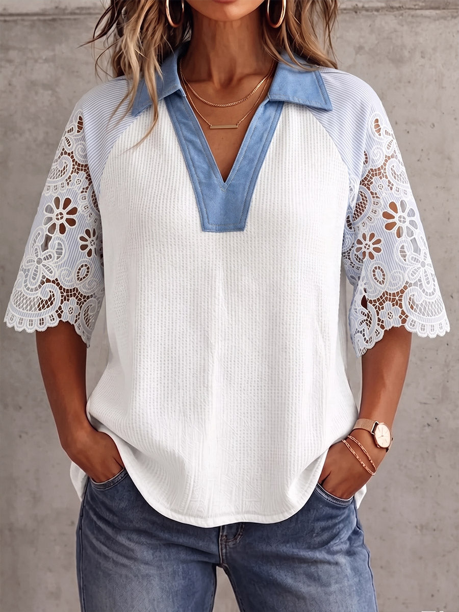 Camicia vintage elegante con maniche ritagliate, ricamata a patchwork di waffle