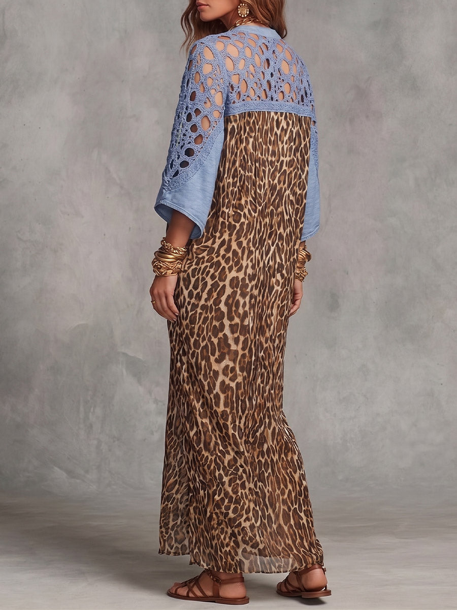 Vintage elegantes Denim-Kleid mit Cut-Outs, Spitzen-Patchwork und Chiffon