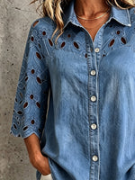 Elegantes Boho-Spitzenhemd mit Blumenmuster und dreiviertel Ärmeln aus Denim