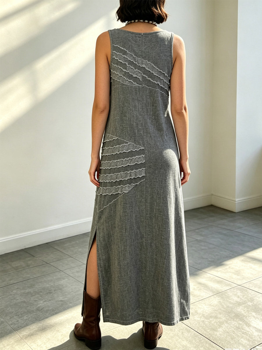 Vestido largo sin mangas de algodón y lino para mujer, suelto, artístico y casual con diseño combinado.