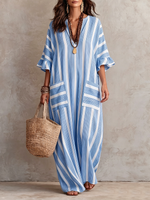 Vestido maxi acogedor de algodón y lino a rayas con bolsillos