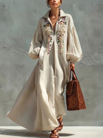 Leinenkleid im Boho-Stil in Uni-Farbe mit Reverskragen, Knopfleiste, Blumenmuster, Puffärmeln und voluminösem Rock