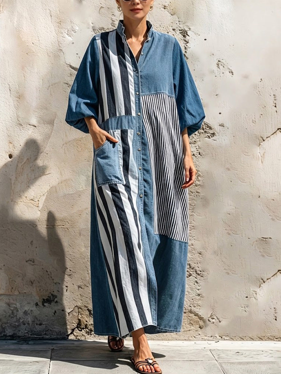 Vestido Camisa Maxi Solto de Ganga Lavada com Gola Alta, Mangas Compridas em Estilo Lanterna e Botões Inteiros, com Padrão Multirriscas em Splice