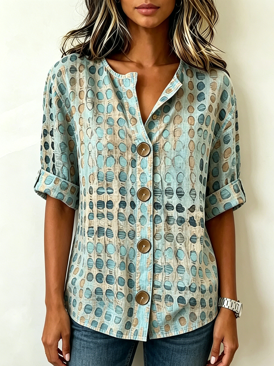 Camicia Henley in cotone e lino con stampa artistica a pois acquerellati