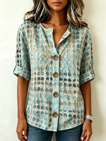 Camicia Henley in cotone e lino con stampa artistica a pois acquerellati