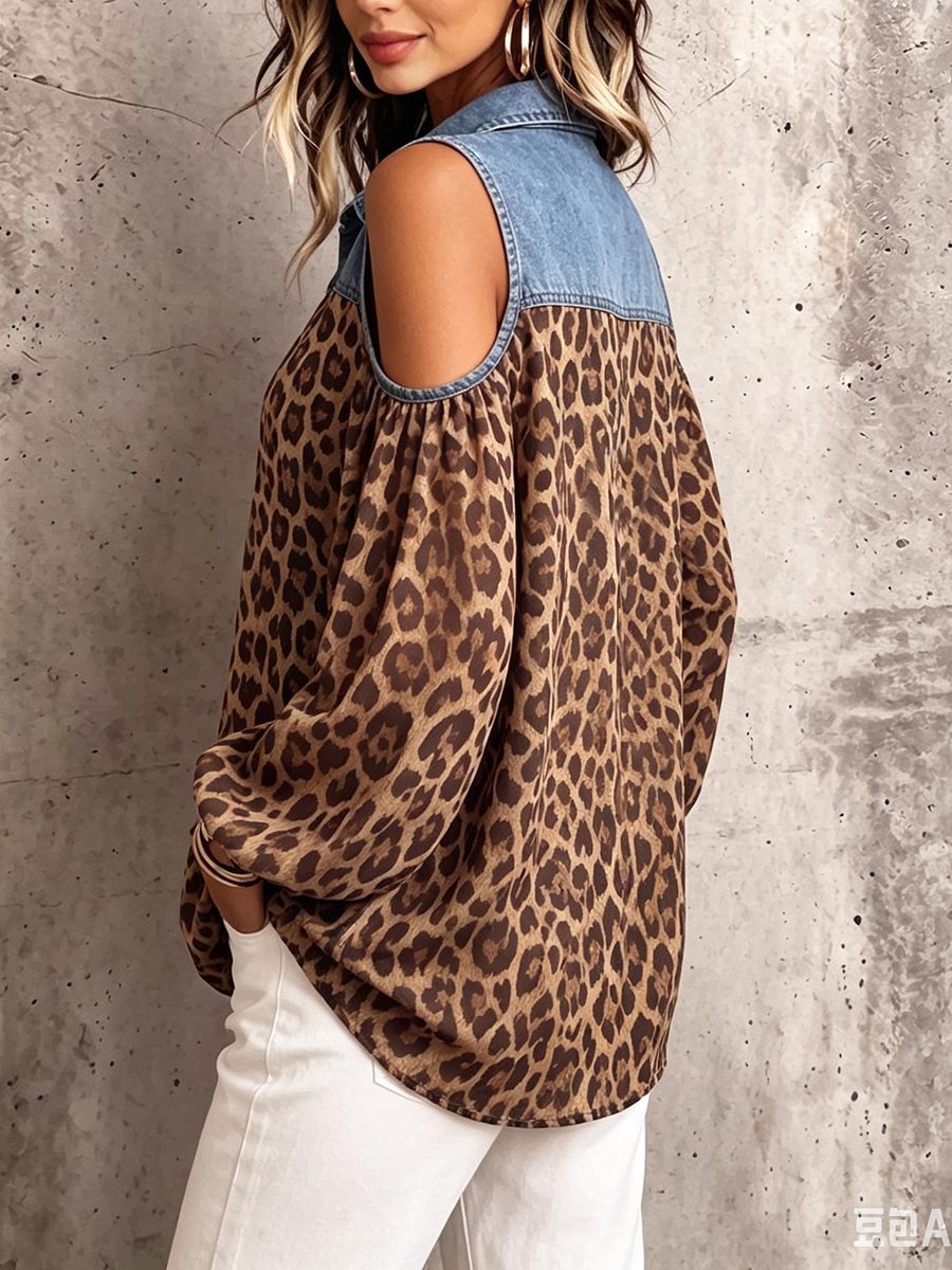 Camicia casual in chiffon con pannelli in denim e stampa leopardata