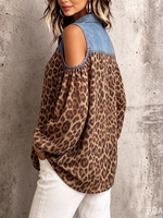 Camicia casual in chiffon con pannelli in denim e stampa leopardata