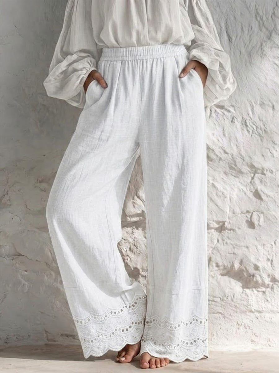 Lockere, legere, alltägliche Baumwoll-Leinen-Hose mit weitem Bein und Spitzenbesatz
