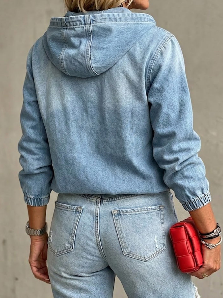 Sweatshirt larga de ganga com capuz, meio fecho éclair, cordão nos punhos e mangas compridas