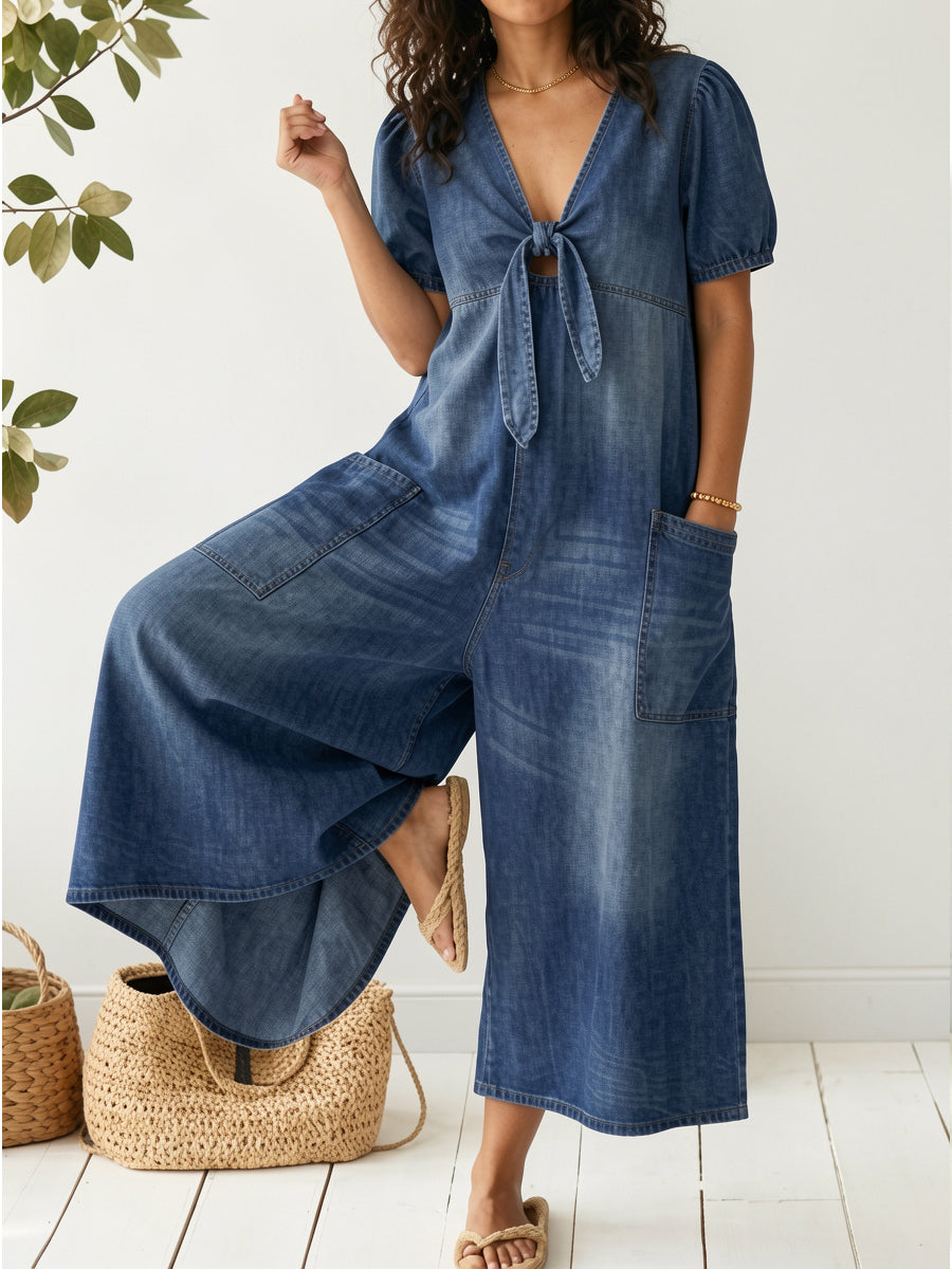 Damen lässiger, weiter Jeans-Jumpsuit mit kurzen Ärmeln und V-Ausschnitt
