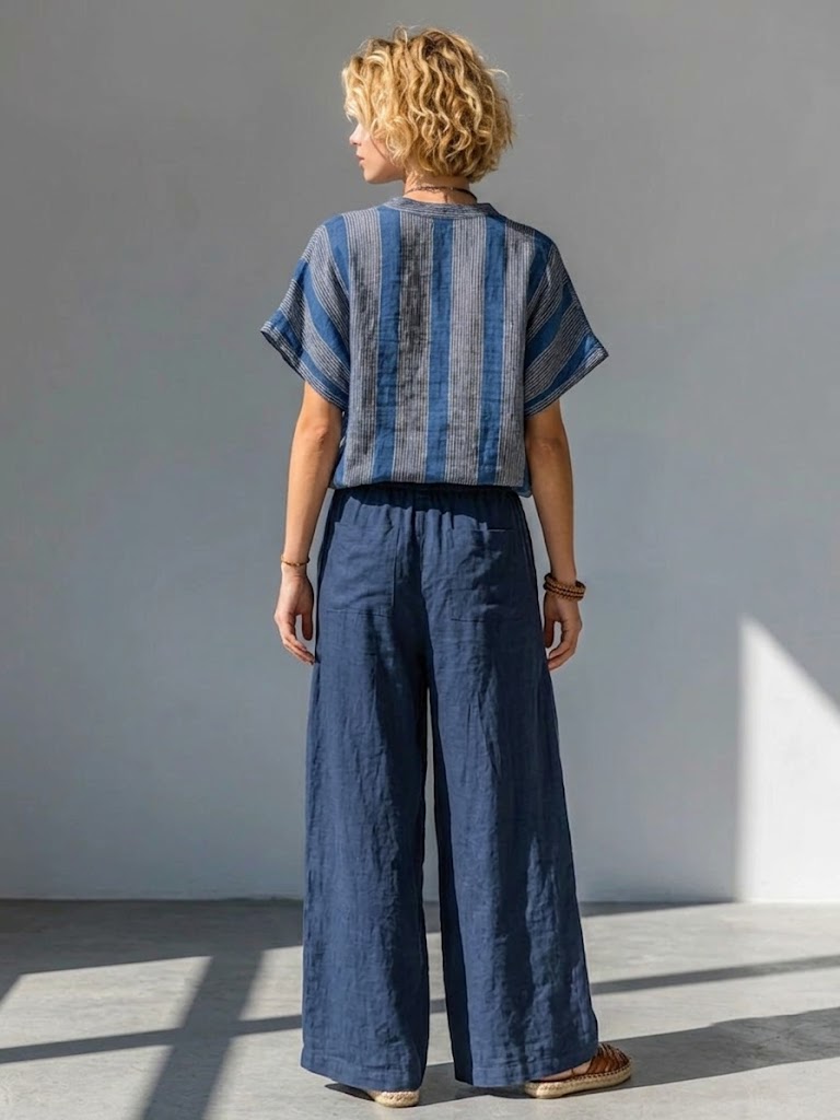 Completo casual a due pezzi in lino e cotone a righe, composto da top e pantaloni