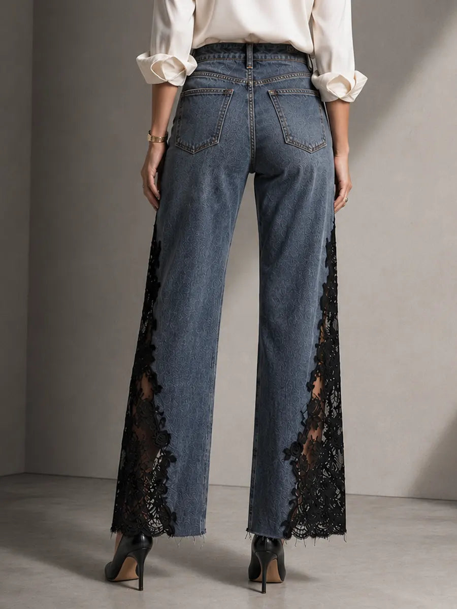 Jeans a gamba larga con pannello in pizzo elegante per donna – Jeans a vita alta con lavaggio vintage premium