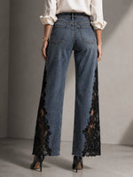 Jeans a gamba larga con pannello in pizzo elegante per donna – Jeans a vita alta con lavaggio vintage premium