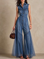 Casual denim jumpsuit med chiffonpaneler nederst